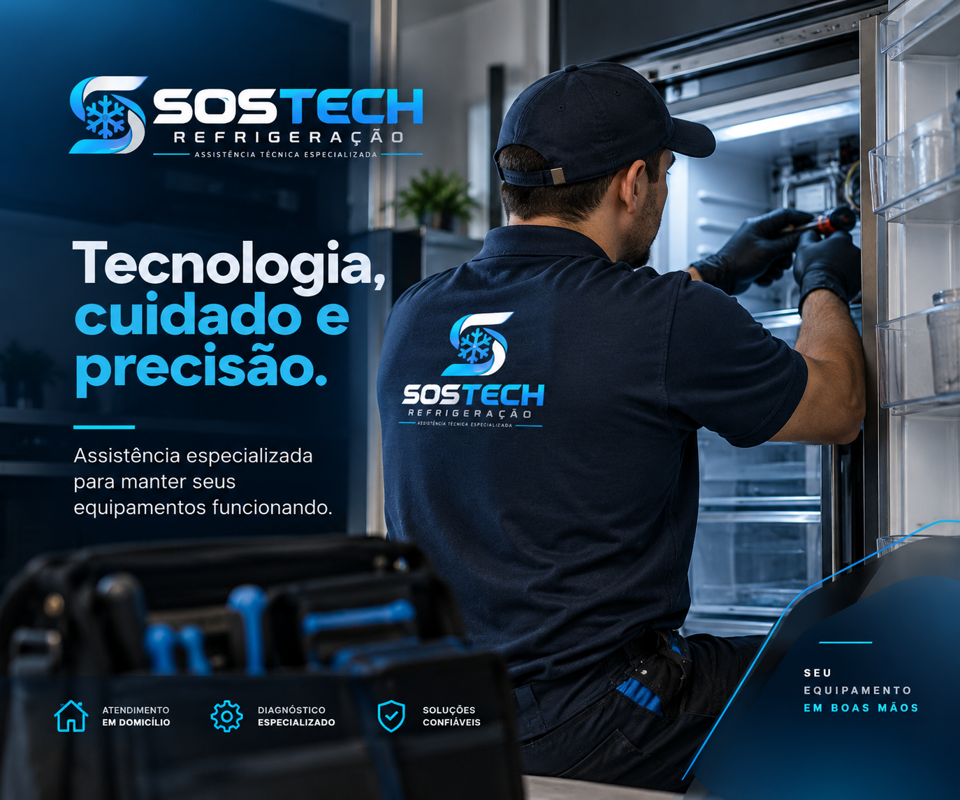 Técnico da SOS Tech realizando manutenção em equipamento de refrigeração